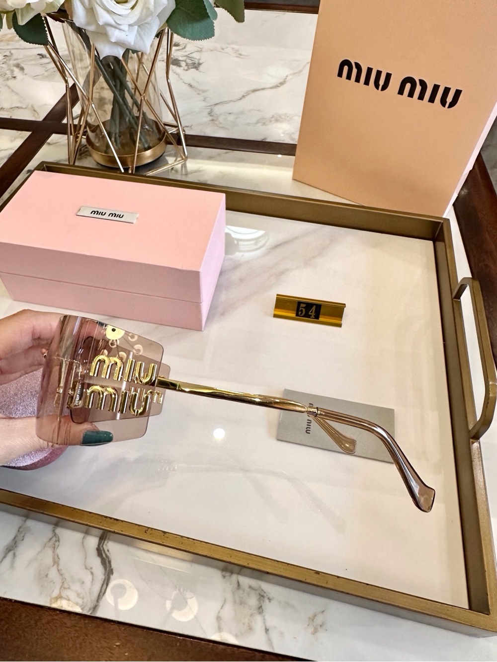 Miu Miu Rimless Sunglasses with Pink-Brown Lenses and Gold Accents - Picture 6 of 8